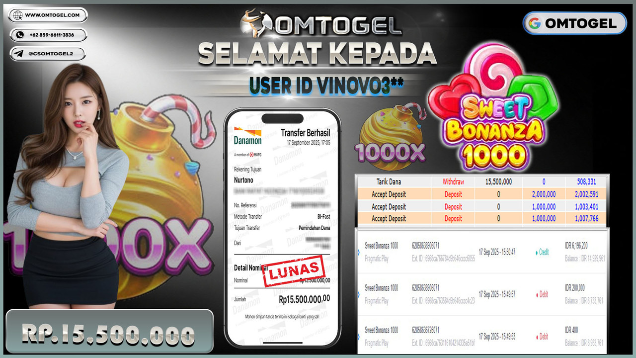 OMTOGEL JACKPOT PRAGMATIC PLAY SWEET BONANZA 1000 15 JUTA DI BAYAR LUNAS ,-