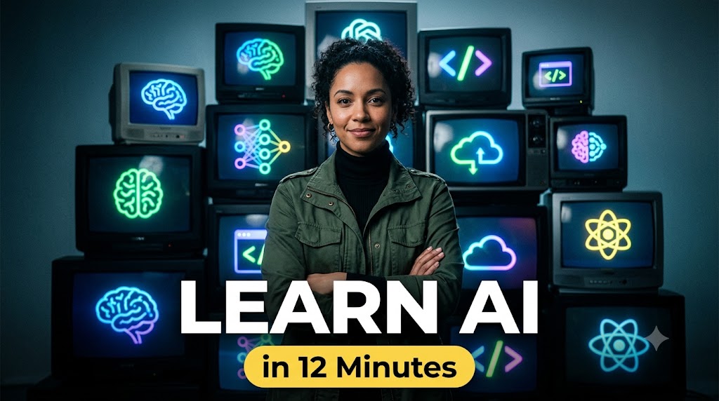 AI-generated example result for the youtube-thumbnail prompt: Education & Tutorial – "Learn AI / in 12 Minutes" | Educational Tutorial Youtube Thumbnail AI YouTube Thumbnail Prompt