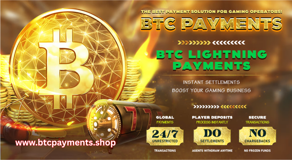 Promotional banner for BTC Payments gaming solution.