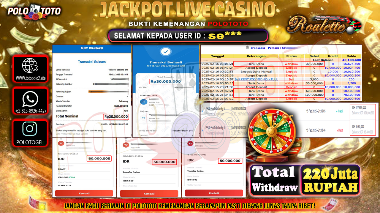 POLOTOTO JACKPOT LIVE CASINO PPLD ROULETTE LUCKY 6 Rp.220.000.000,-