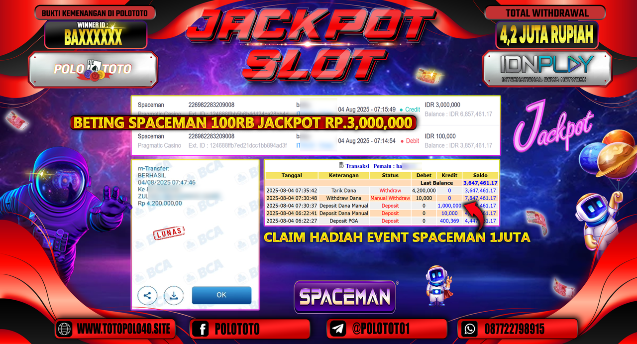 POLOTOTO JACKPOT SLOT SPACEMAN Rp.4.200.000,-LUNAS