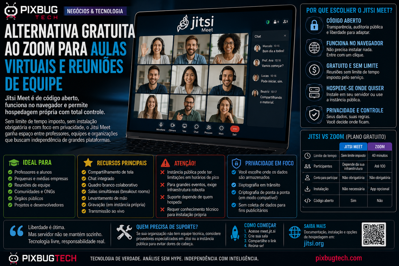 Jitsi Meet surge como alternativa gratuita ao Zoom mas liberdade exige entender quem mantém o servidor