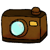 A brown camera, with a large lense and large shutter button on top.