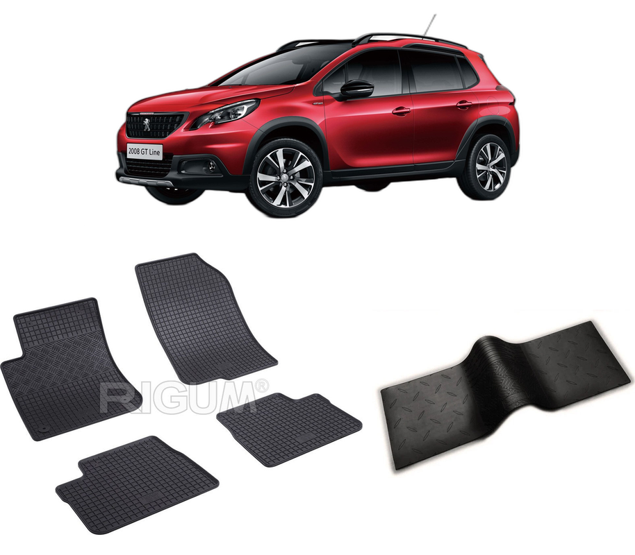Set covorase auto PEUGEOT 2008 I din 04.2013-12.2019, cu covoras tunel median, CAROSERIE SUV, Presuri cauciuc 100%, compatibil cu autoturismul PEUGEOT 2008 I, Rigum