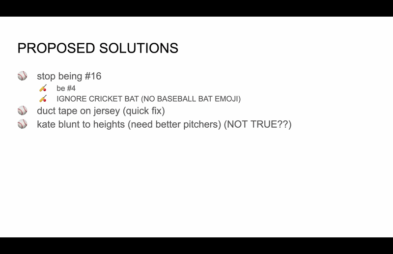 Three more bullet points on the same slide read 'public apology', 'televised?', and 'ukulele?'