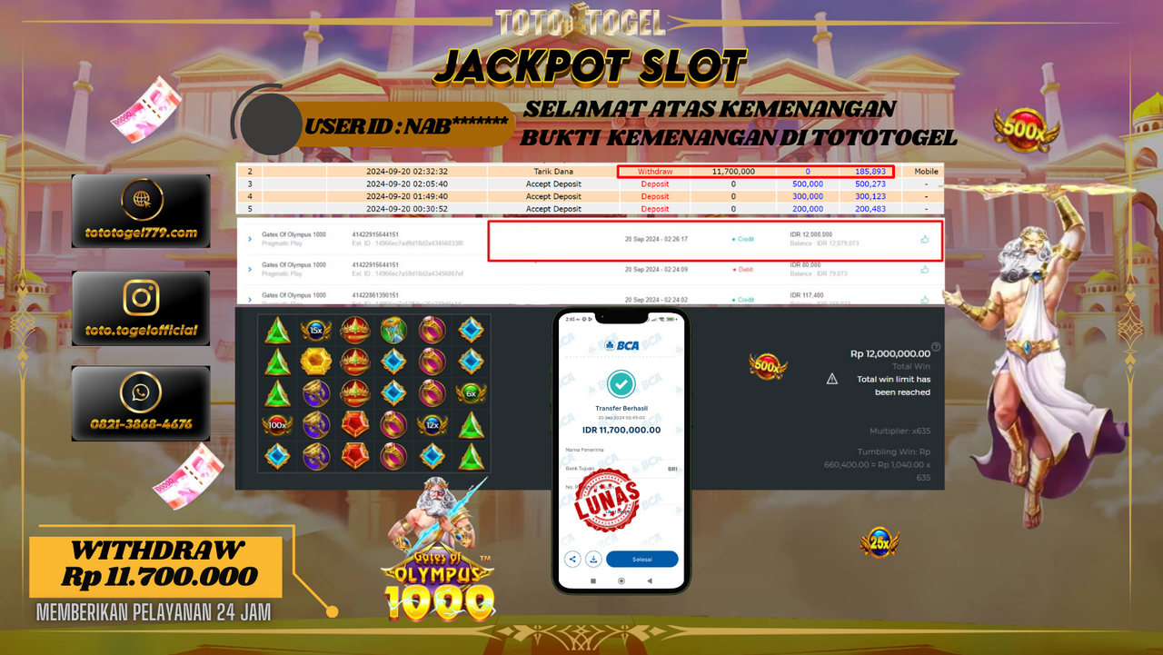 Bukti Kemenangan Permainan Slot Gates Of Olympus 1000 Dengan ID : NAB***** Terbayar Lunas!!