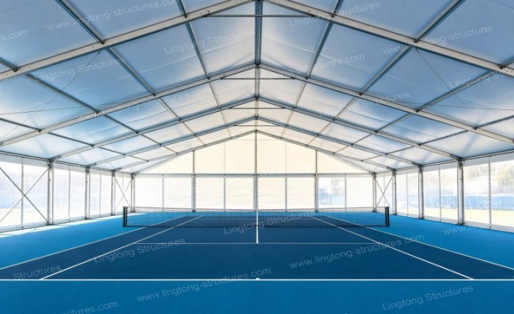 Pickleball court tent modular assembly process showing rapid construction