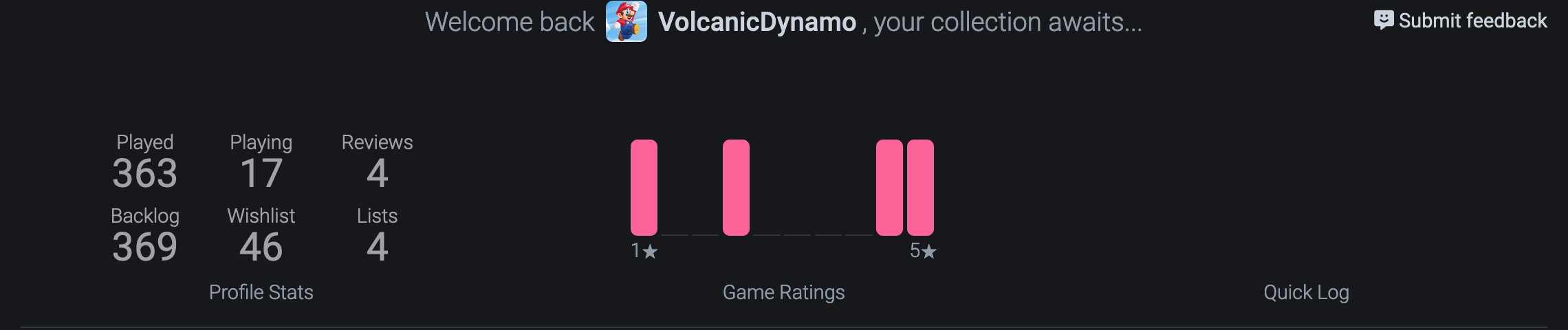 VolcanicDynamo's Backloggd stats. Played: 363. Backlog: 369.