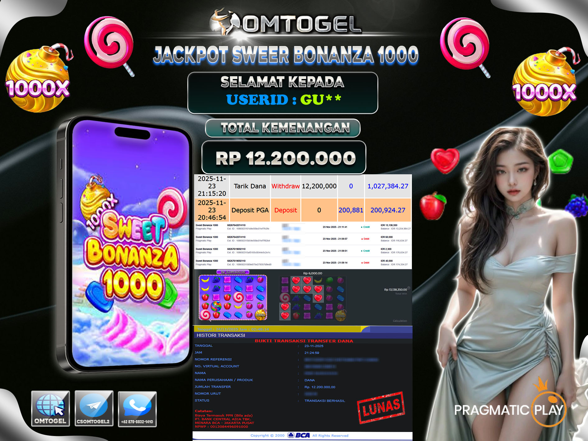 OMTOGEL JACKPOT PRAGMATIC PLAY SWEET BONANZA 1000,12 JUTA DI BAYAR LUNAS ,-