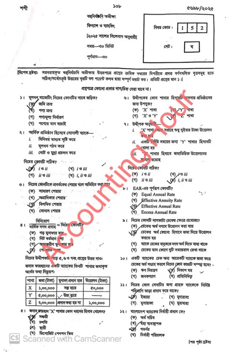 Finance and Banking MCQ Question With Answers 2025 Dhaka Board