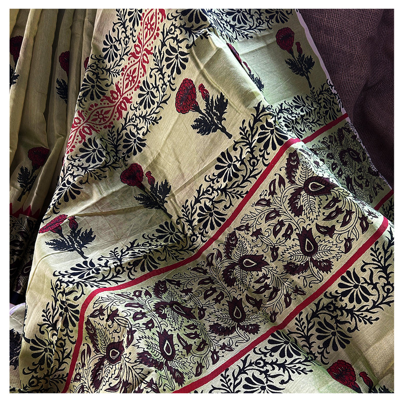 Hand Block Printed Light Green Saree with Black broder and Red Flower Butti