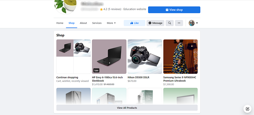 Facebook Shop Page View