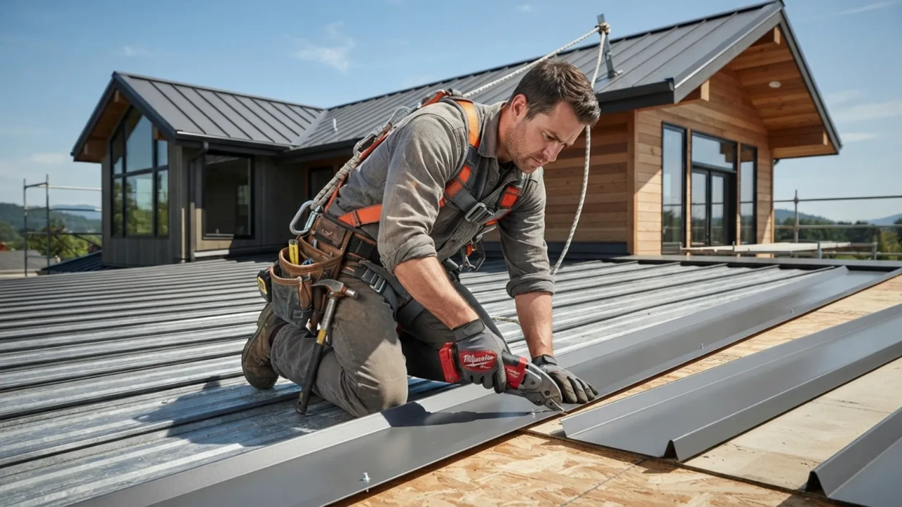 Metal roof installation crew fastening panels to roof deck in San Antonio residential home