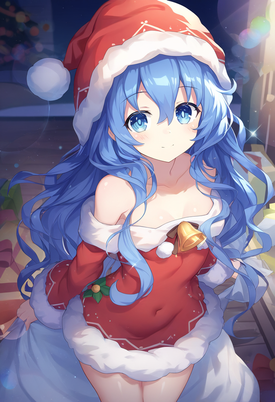1girl, yoshino (date a live), blue eyes, blue hair, small breasts,  santa costum s-2143228591