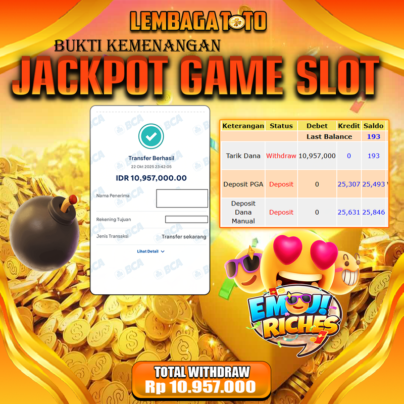 BUKTI JACKPOT 23 OCTOBER LEMBAGATOTO EMOJI RICHES Rp.10.957.000,- LUNAS