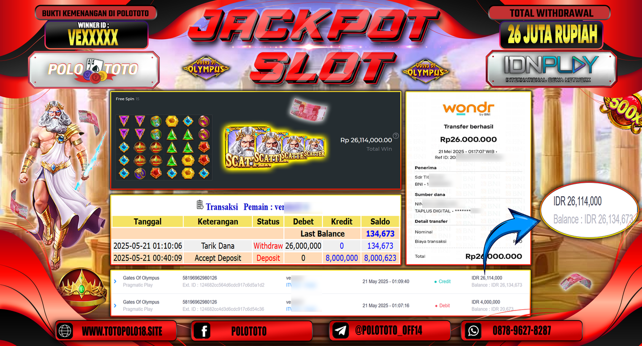 POLOTOTO JACKPOT SLOT GATES OF OLYMPUS Rp.26.000.000,-