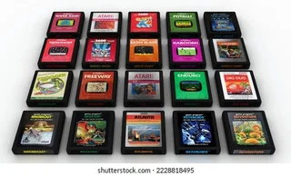 Imagem de cartuchos de jogos do Atari, com seus designs simples e etiquetas coloridas.