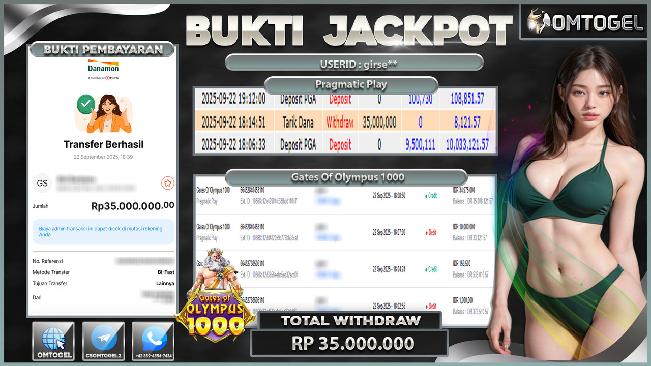 OMTOGEL JACKPOT PRAGMATIC PLAY GATES OF OLYMPUS 1000 35 JUTA DI BAYAR LUNAS ,-
