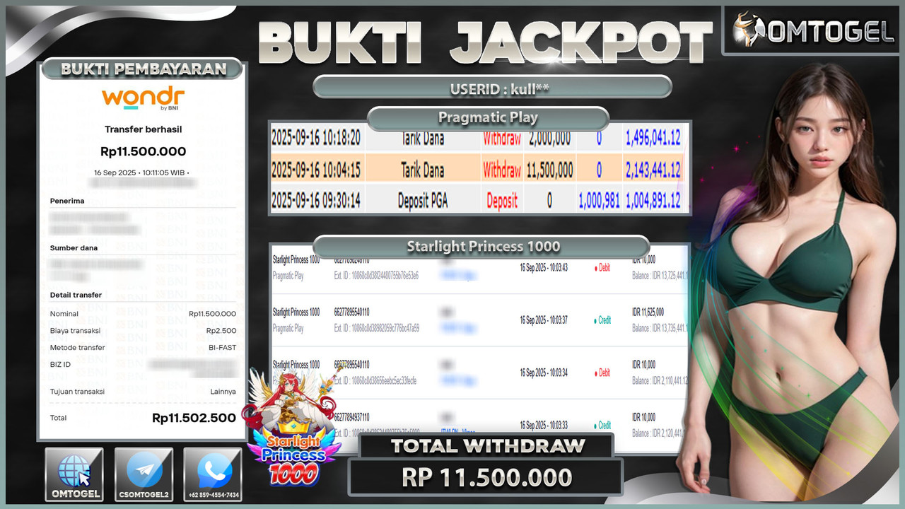 OMTOGEL JACKPOT PRAGMATIC PLAY STARLIGHT PRINCESS 1000 11 JUTA DI BAYAR LUNAS ,-