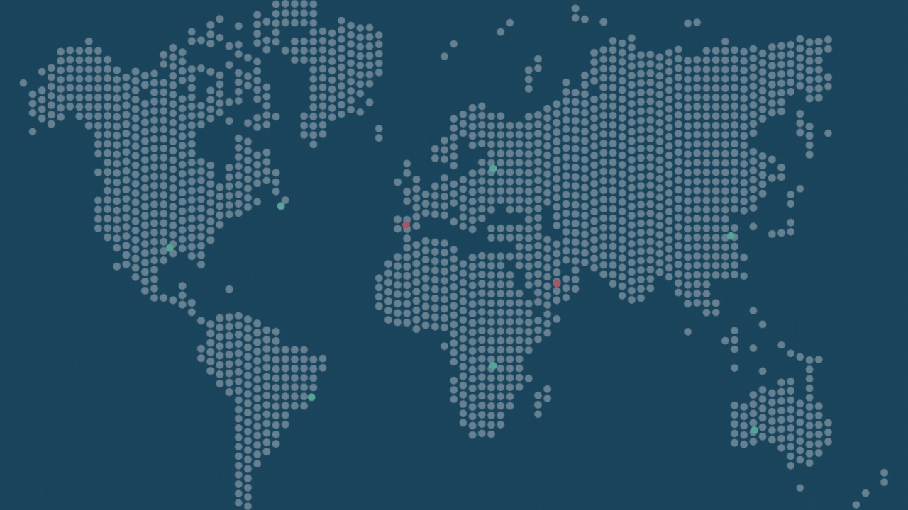 Mapa mundial destacando las ubicaciones clave de onhunters en sus operaciones internacionales de selección de talento.