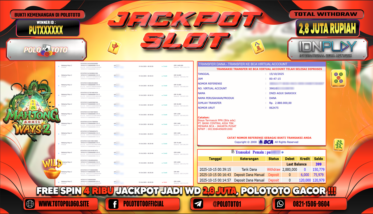 POLOTOTO JACKPOT SLOT MAHJONG WAYS 2 Rp.2.800.000,- LUNAS