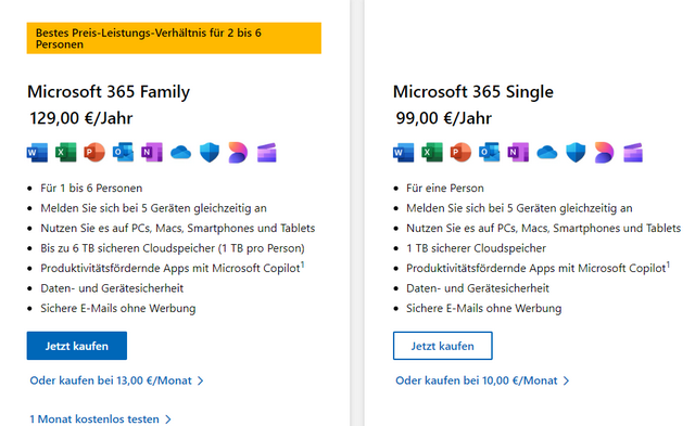 Abo-Preise für Microsoft 365