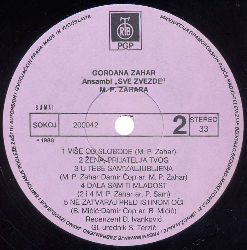 Gordana Zahar 26.01.1988. LP B-strana
