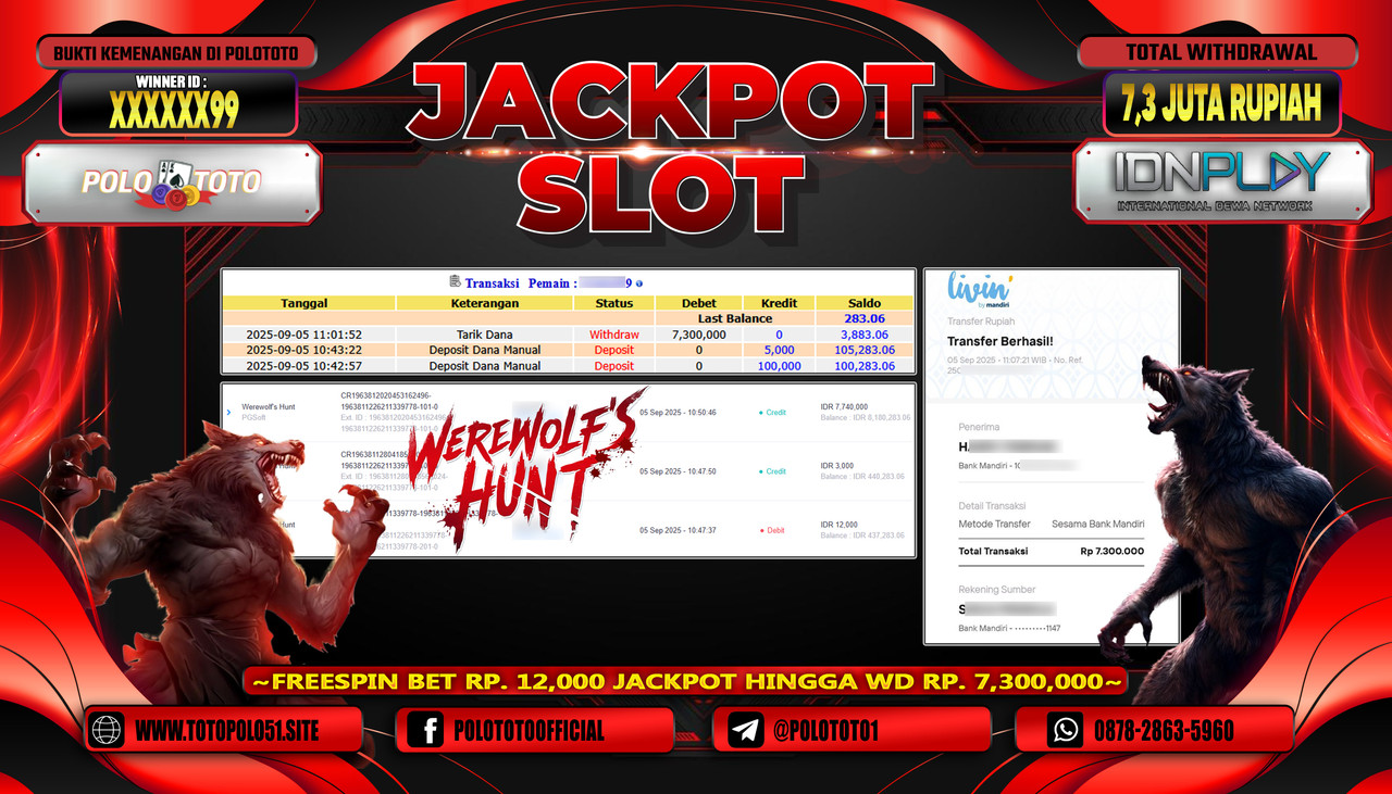 POLOTOTO JACKPOT SLOT WEREWOLF HUNT Rp.7.300.000,- LUNAS