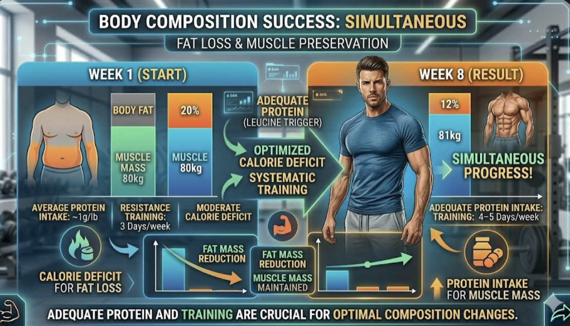 Body composition chart showing fat loss and muscle preservation simultaneously during calorie deficit with adequate protein intake