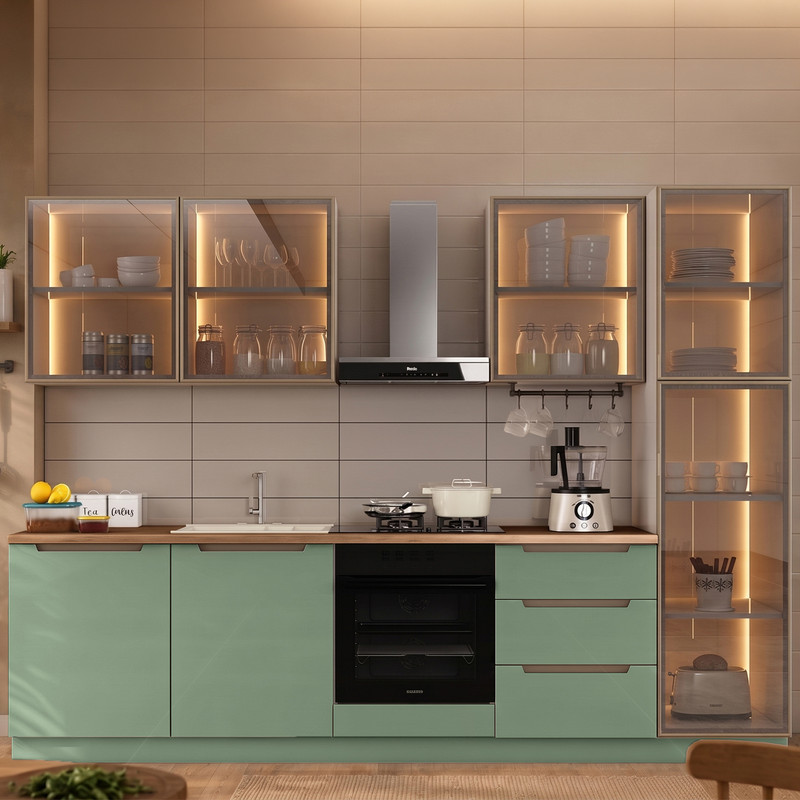 Hera 290 cm Mutfak Dolabı Seti %100 MDF Ledli Boy Dolaplı Fırın Modüllü Çekmeceli Lavabolu Mutfak Dolabı Takımı 8 Modül Tezgah Dahil Yeşil Bej