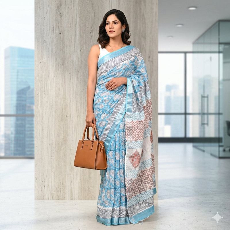 Qyaari Women’s Hand Block Printed Linen Saree | Breathable Fabric | Elegant Traditional Wear | With Blouse