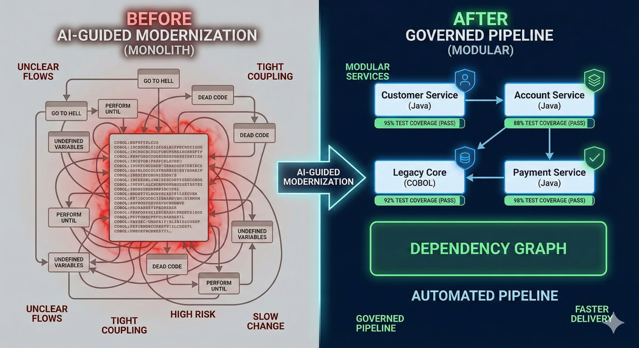Before and after IBM COBOL AI modernization: monolithic COBOL on left versus modular Java and COBOL services with test coverage on right