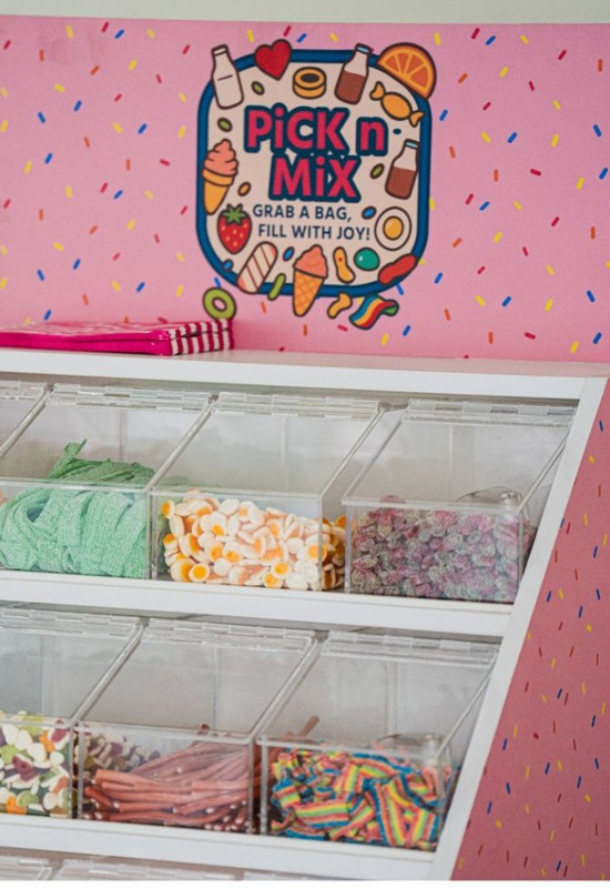 Close-up of the Pick n Mix branding on the stand