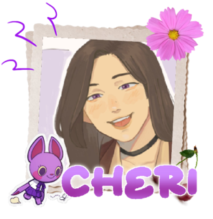 Art of Choerry from LOONA, inside a polaroid, with images such as a cherry, a pink cosmos flower, and a chibi drawing of an anthro purple bat around it. The name "Cheri" is written over the image.