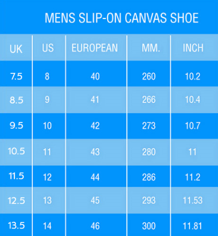 Motocross men's slip on shoes sizing chart