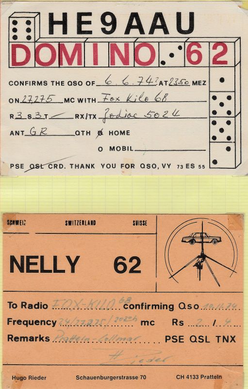 QSLs 27 Mhz de stations Suisses. QSL-DOMINO62-CH-06-74-NELLY62-CH-11-74