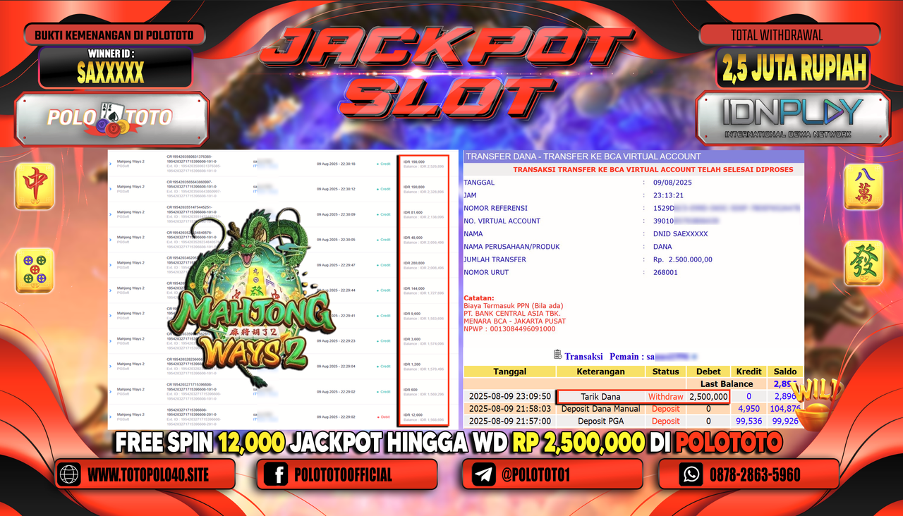 POLOTOTO JACKPOT SLOT MAHJONG WAYS 2 Rp.2.500.000,-LUNAS
