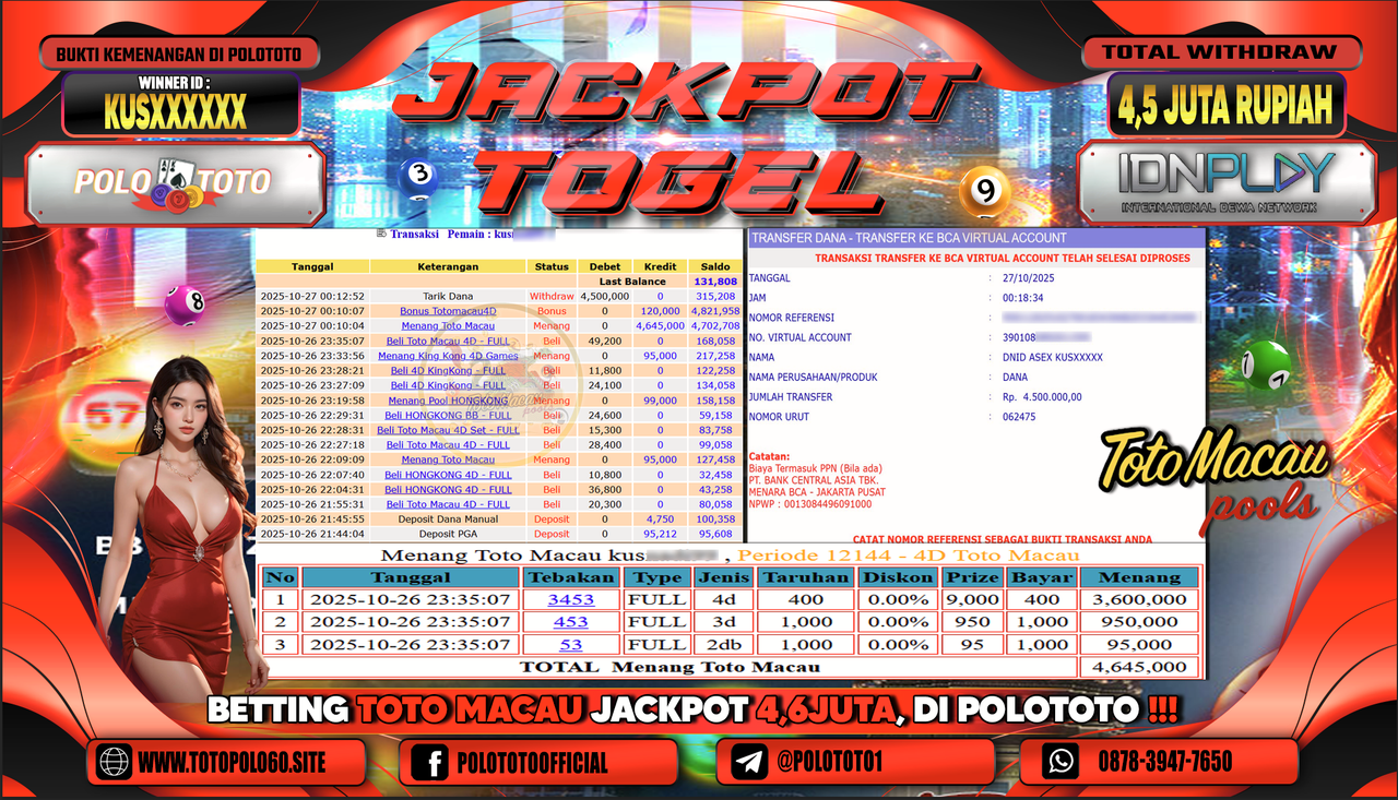 POLOTOTO JACKPOT TOGEL MENANG TOTO MACAU Rp.4.500.000,- LUNAS