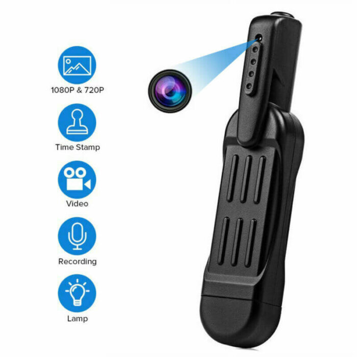 Mini cámara HD con su soporte de clip/pinza.