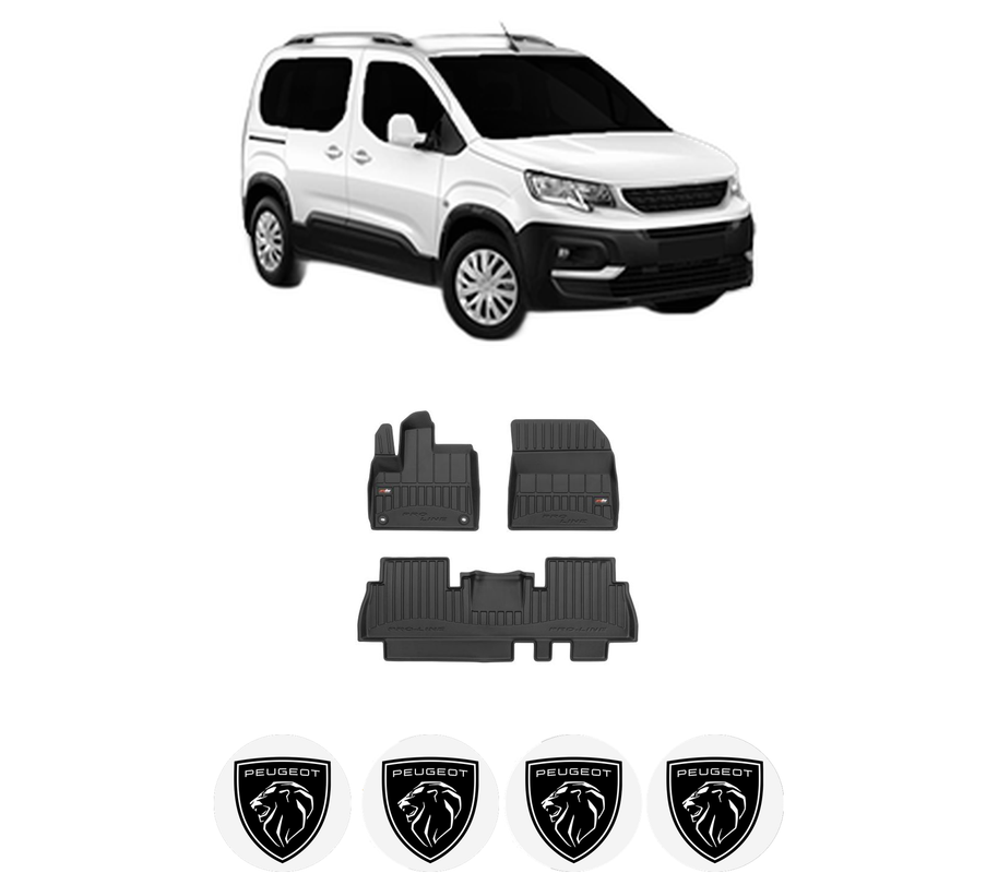 Set covorase presuri PEUGEOT RIFTER din 2018-2023, auto, din cauciuc thermoplastic, 4 Stickere auto cu PEUGEOT
