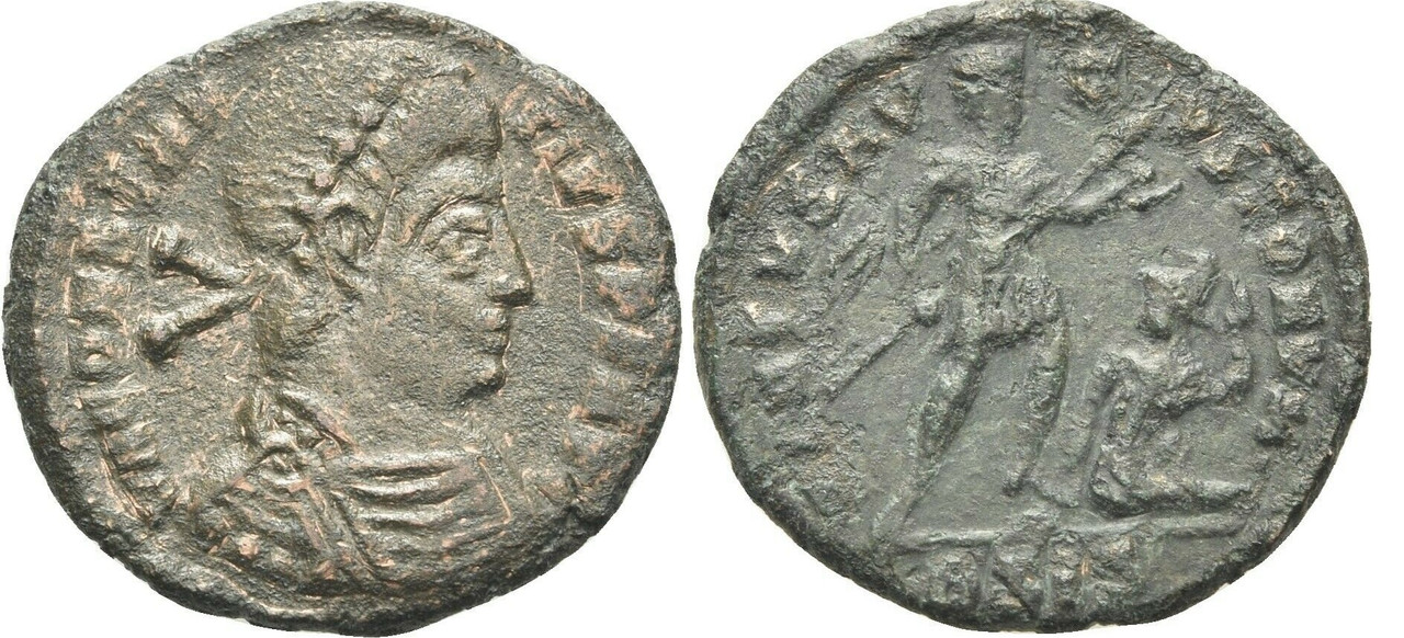 AE3 a nombre de Constancio II. VIRTVS AVGVSTORVM. Emperador y cautivo. Siscia Virtvs-avgvstorvm
