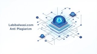 Ilustrasi teknologi anti plagiat dengan ikon AI dan jaringan yang menggambarkan cara kerja sistem deteksi plagiarisme.