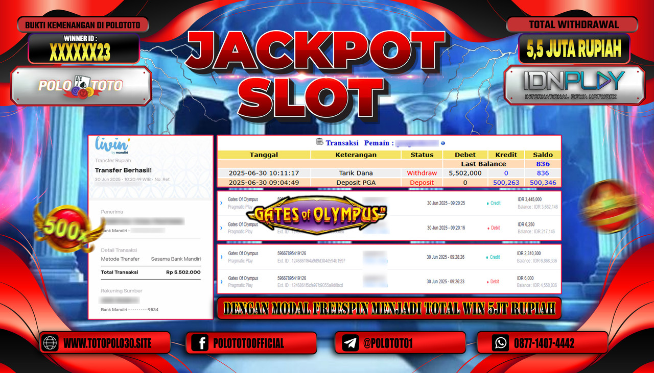 POLOTOTO JACKPOT SLOT GATES OF OLYMPUS Rp.5.500.000,- LUNAS