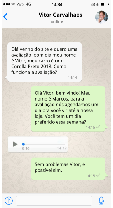 Conversa de WhatsApp com Vitor Carvalhaes sobre avaliação do carro