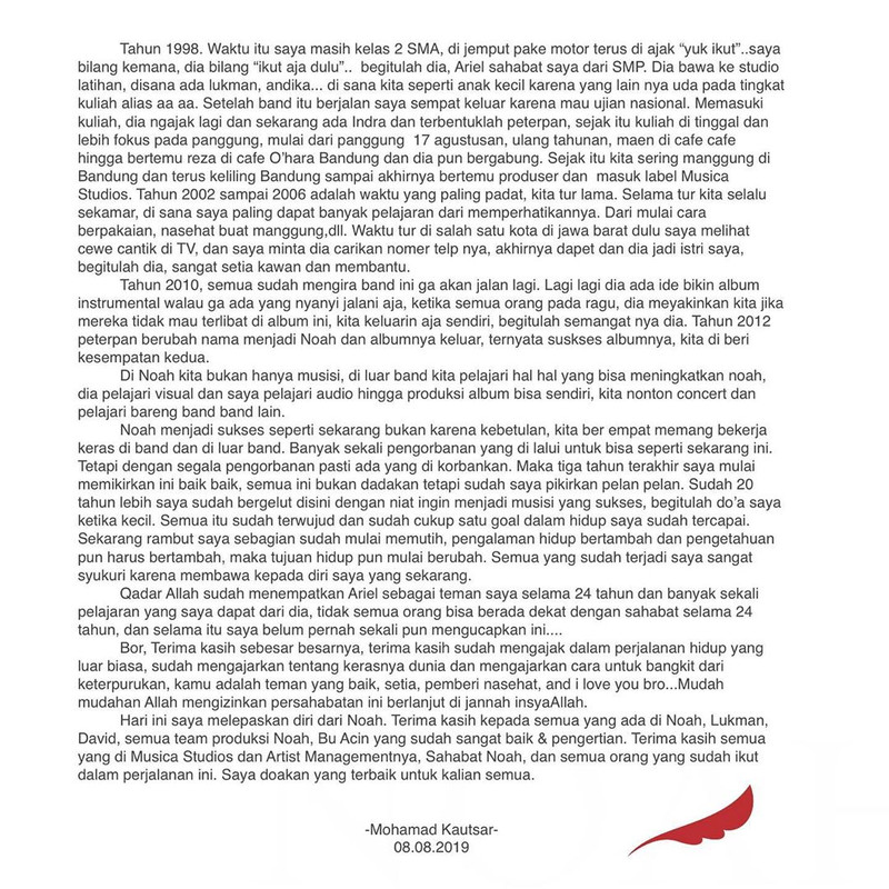 Unggahan perpisahan Uki eks Noah