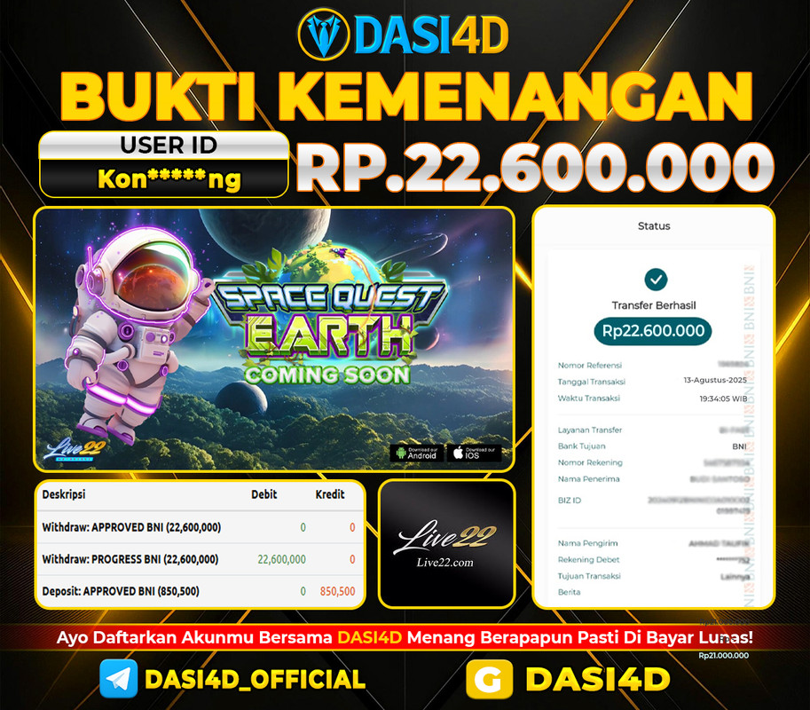 BUKTI KEMENANGAN 13 AGUSTUS 2025 DI SPACE QUEST EARTH WD 22.600.000