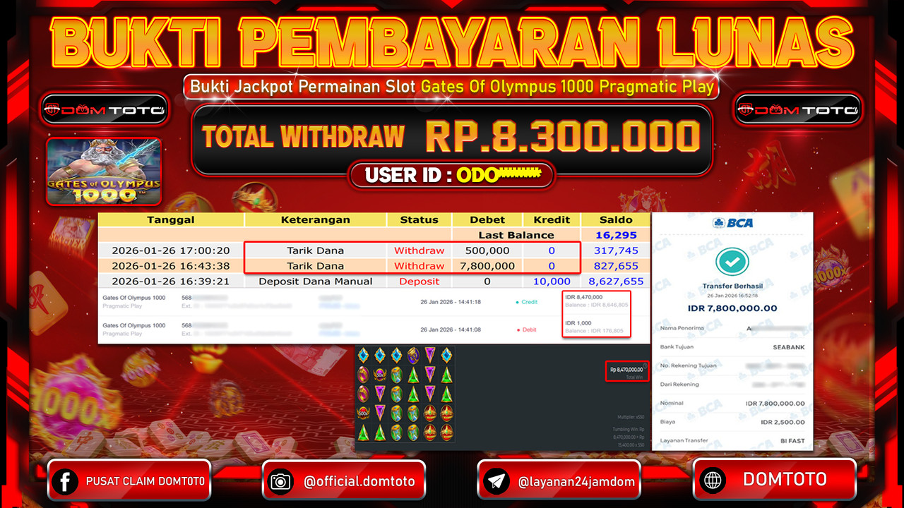 JACKPOT SLOT Gates Of Olympus 1000 Pragmatic Play 26 JANUARI 2026
