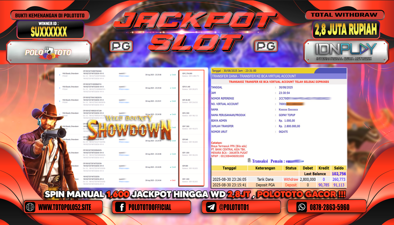 POLOTOTO JACKPOT SLOT WILD BOUNTY SHOWDOWN Rp.2.800.000,-