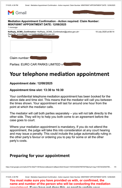 Mediation Appointment Confrimation email (partial)