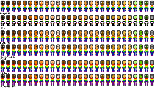 a row of people with pride flag shirts and very dark gray hair